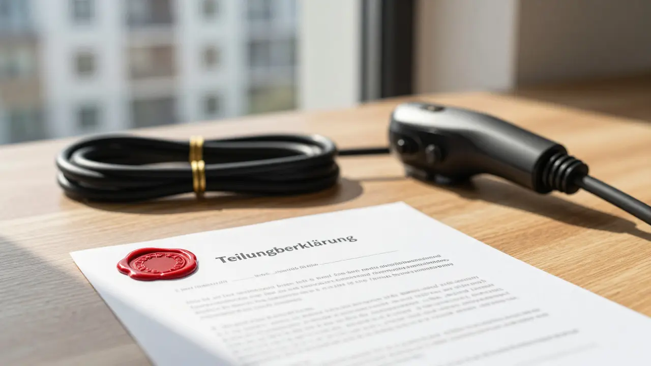 Notariell beglaubigte Teilungserklärung neben E-Auto-Ladekabel auf Tisch
