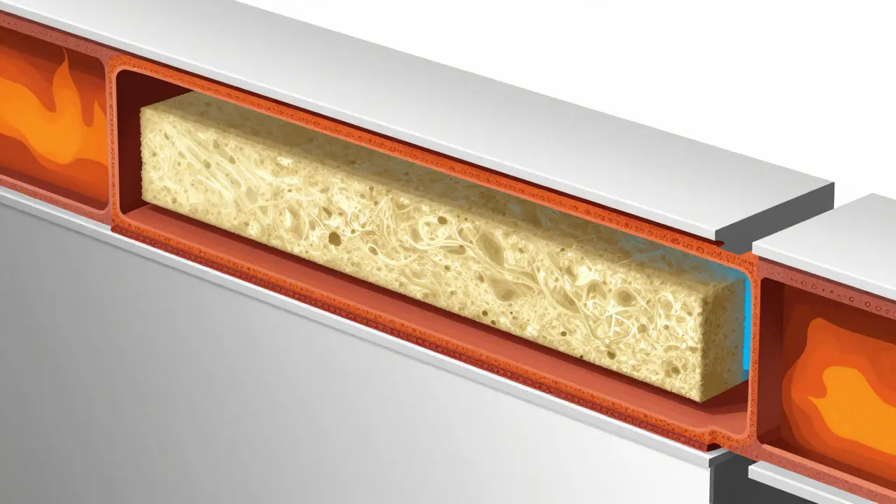 Querschnitt einer Fassade mit horizontaler Brandriegel-Sperre aus Mineralwolle