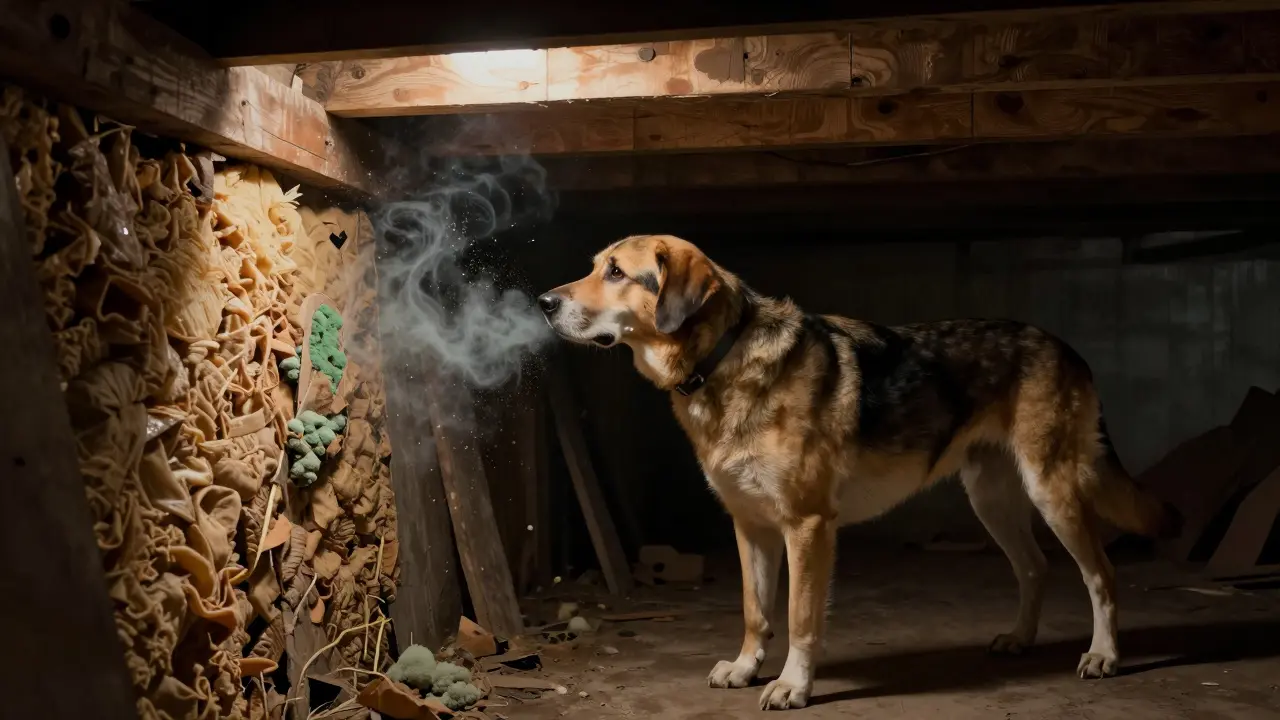Schimmel-Spürhund sucht nach versteckten Schimmelpilzen im Keller