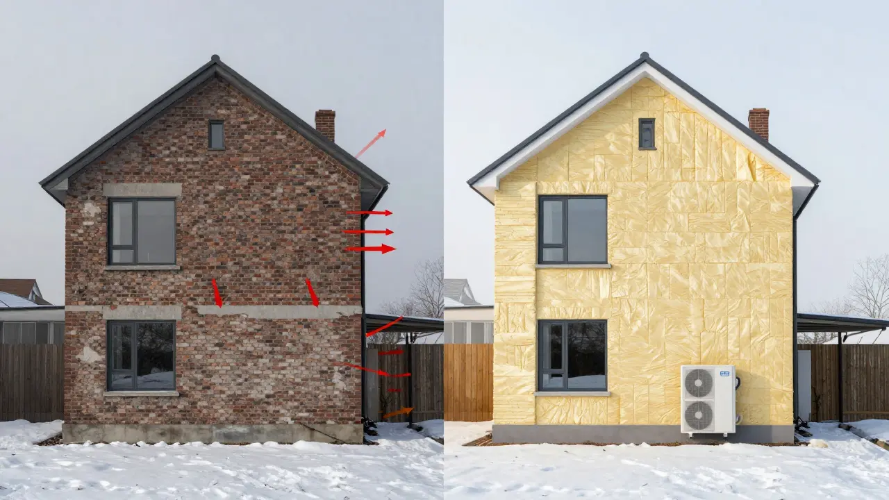 Vergleich alter und neuer Fassade mit Dämmung und Wärmepumpe
