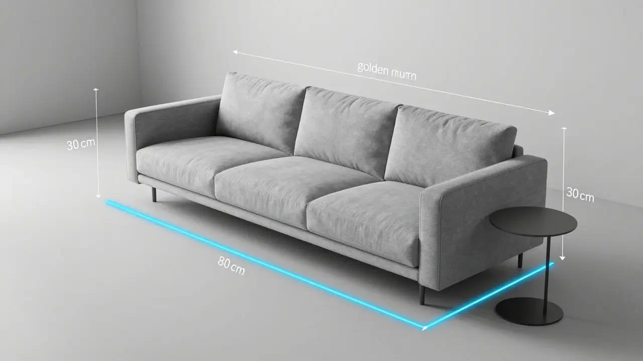 3D-Visualisierung mit Maßlinien für ergonomische Möbelabstände