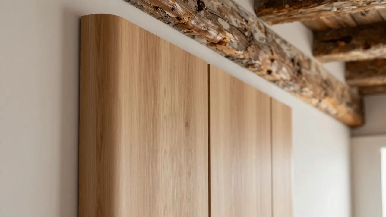 Akustik-Holzpaneele neben altem Sichtbalken im Altbau