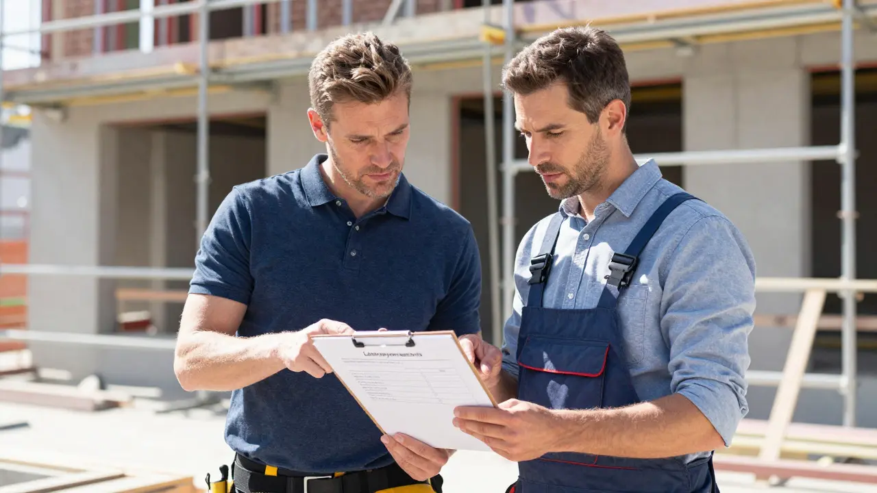Architekt und Handwerker besprechen Leistungsverzeichnis vor Ort