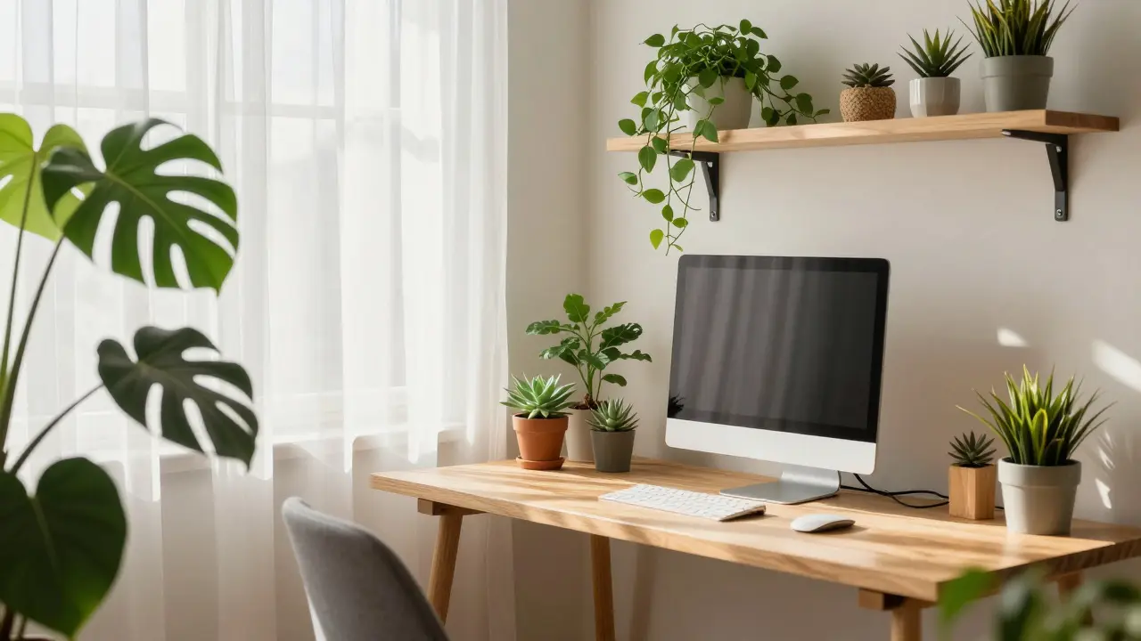 Biophiles Homeoffice mit Pflanzen, Holzmaterialien und ruhiger Atmosphäre