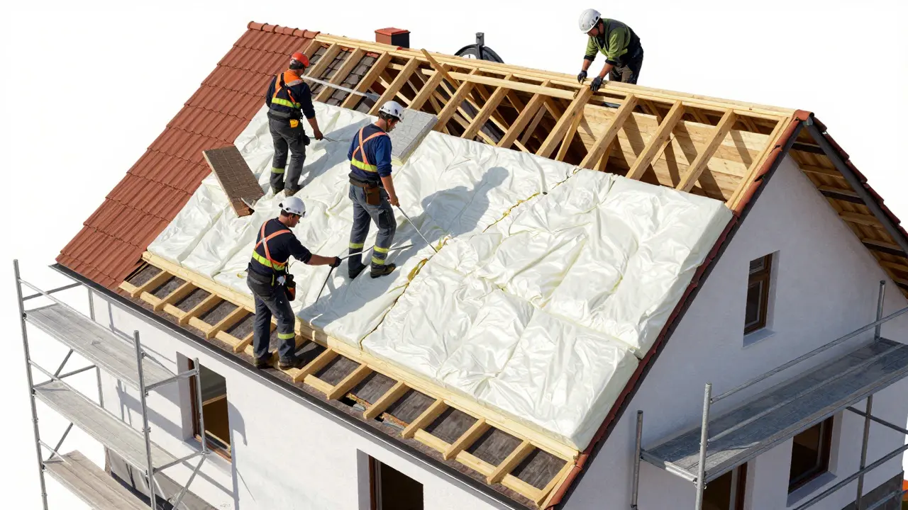 Dachsanierung mit Einbau von Dämmplatten zwischen den Sparren