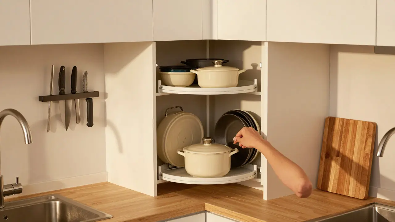 Drehregal im Eckschrank und Magnetleiste an der Wand