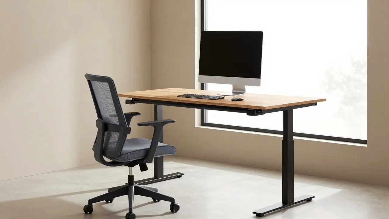 Ergonomischer Arbeitsplatz mit höhenverstellbarem Tisch und natürlichem Licht