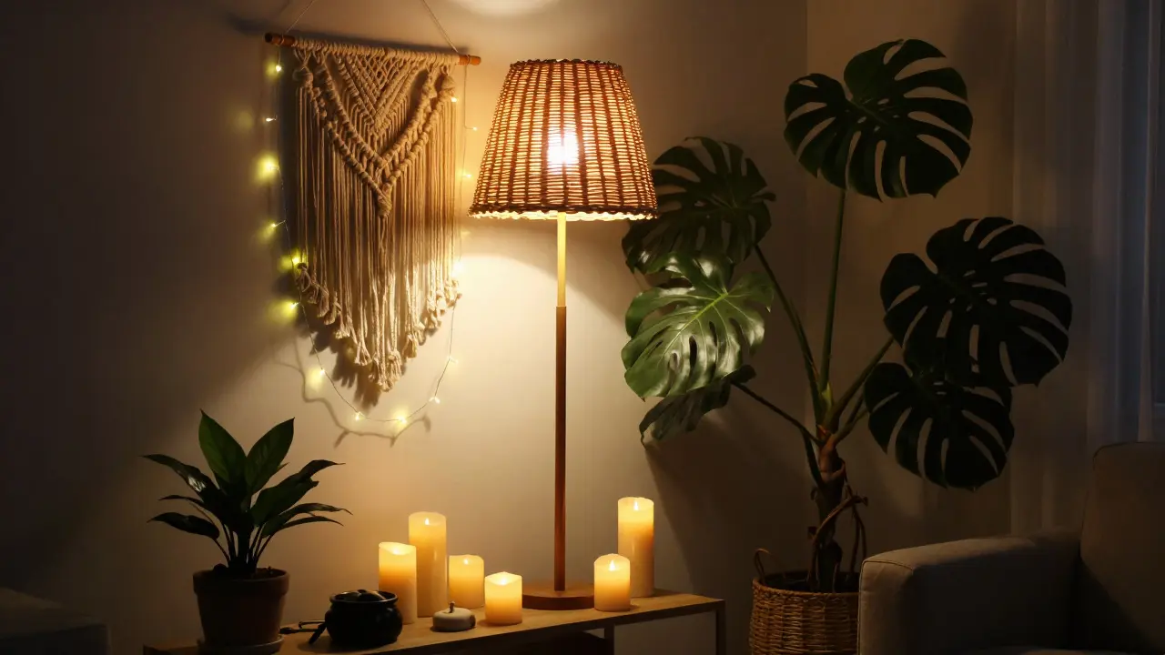 Gemütlicher Abend im Boho-Zimmer mit warmem Licht, Kerzen und Pflanzen