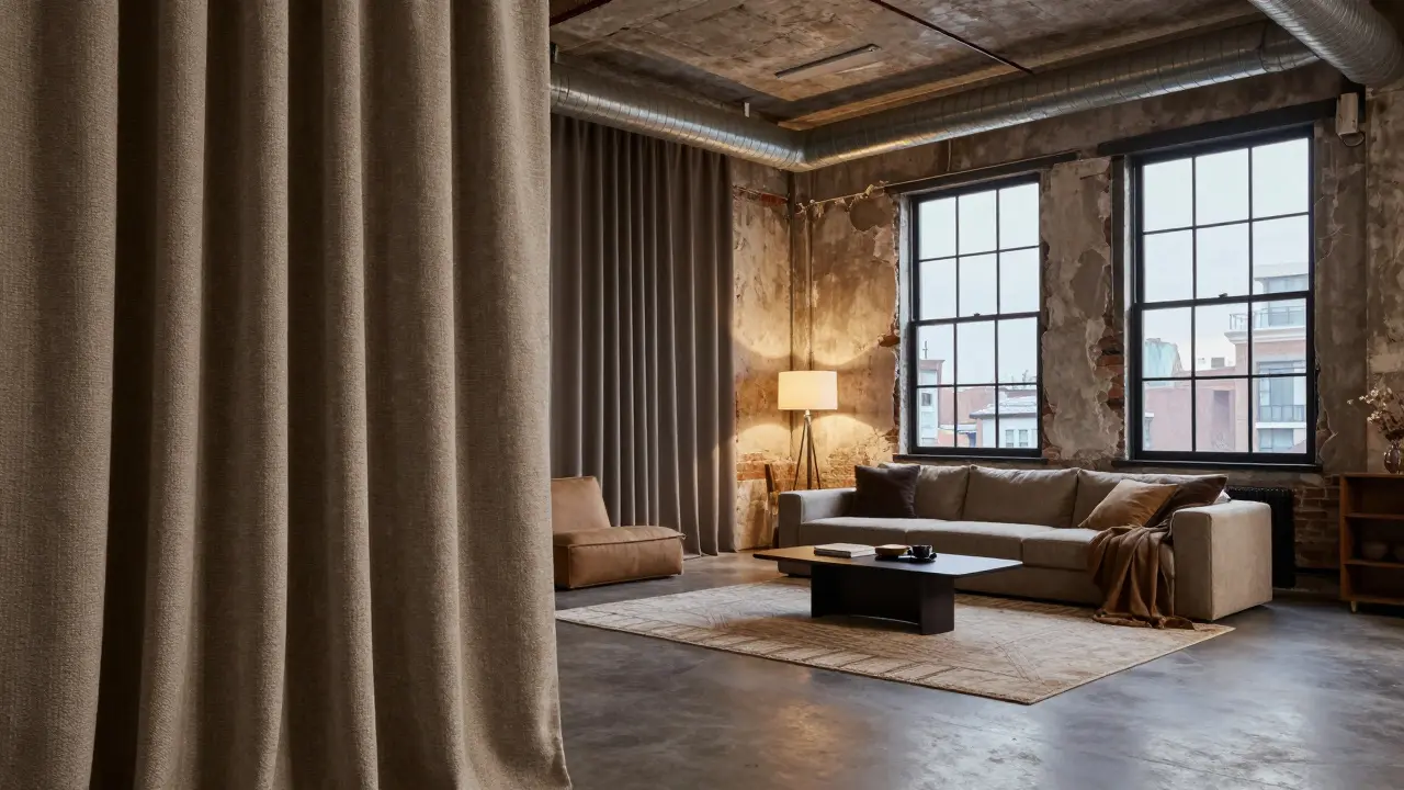 Gemütliches Loft mit Vorhängen und Teppichen für bessere Akustik