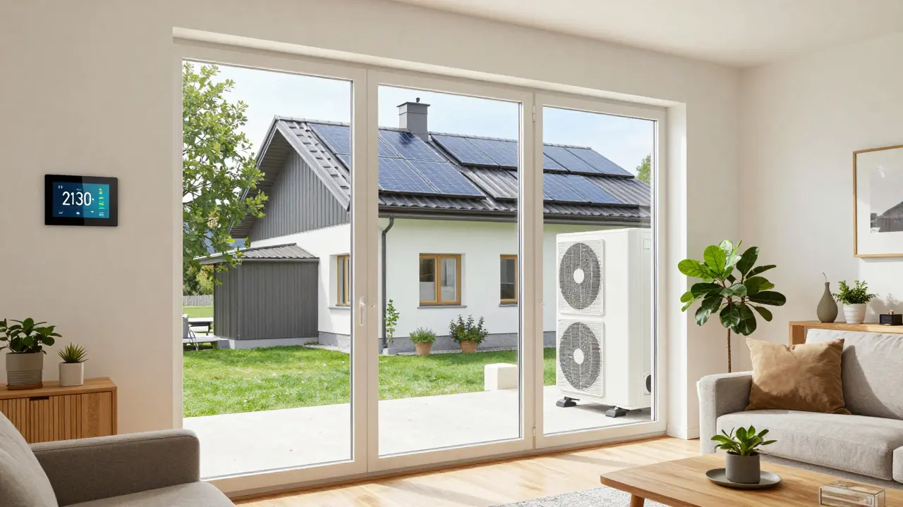 Gemütliches Wohnzimmer mit effizienter Heizung und großen Fenstern