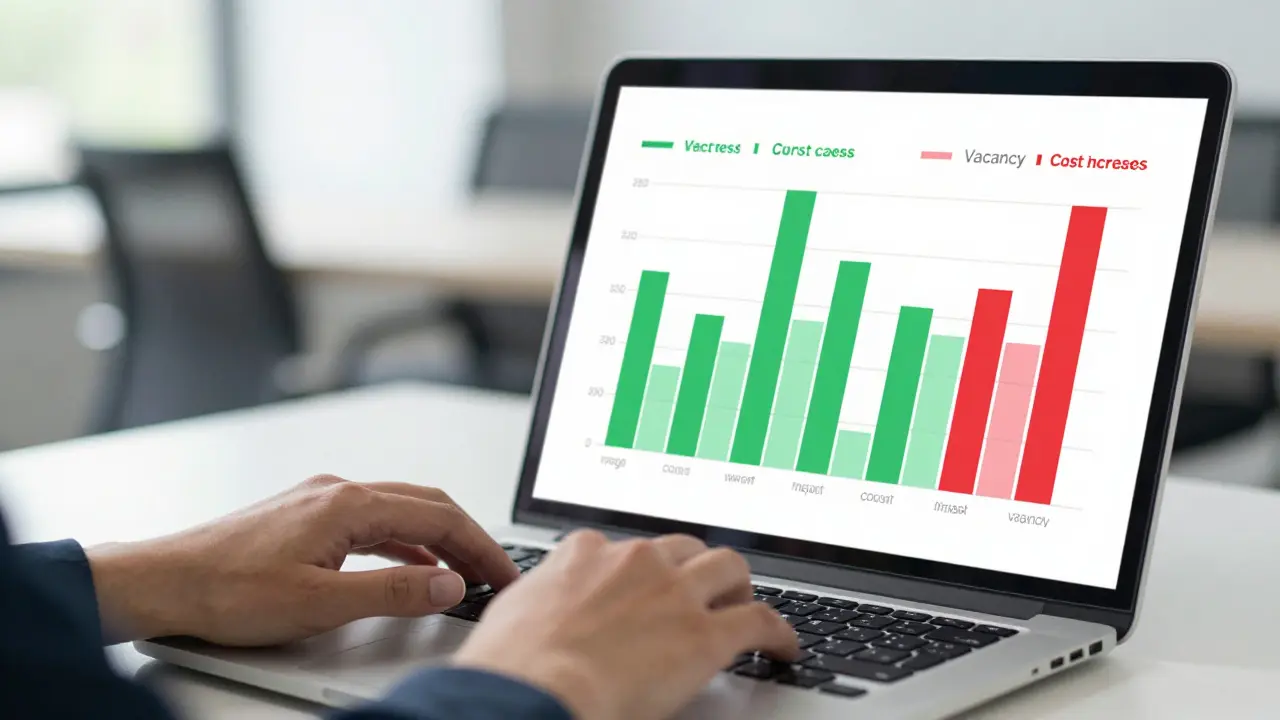 Hände am Laptop mit abstrakter Visualisierung von Immobilien-Stresstest-Szenarien
