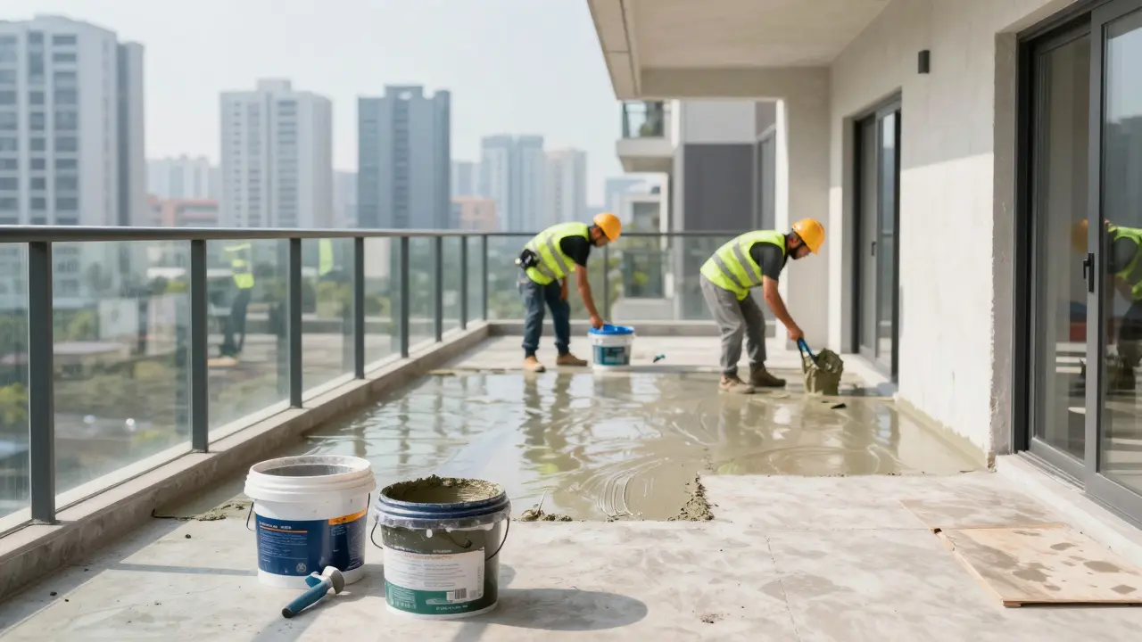 Handwerker führen professionelle Balkonsanierung durch