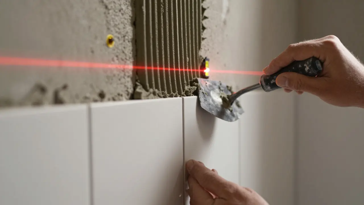 Handwerker verlegt präzise Fliesen an einer Wand mit Laserlevel im Hintergrund