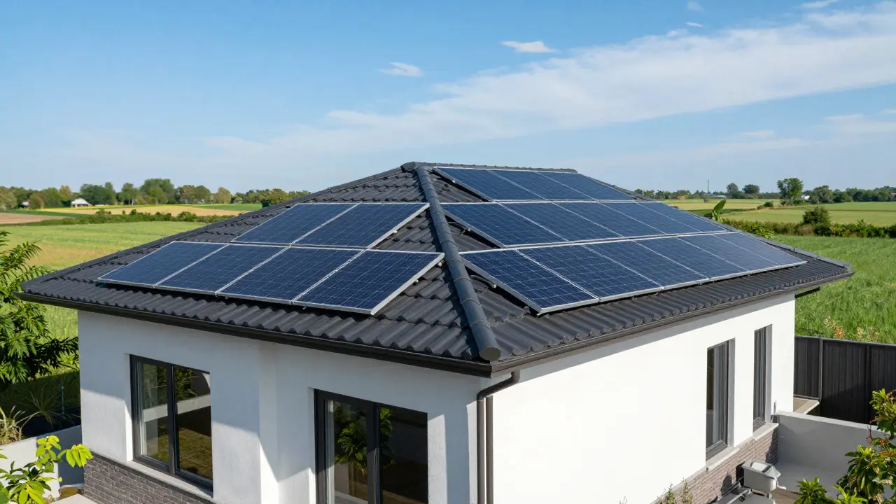 Haus mit neuem Dach und integrierten Solarpanelen für erneuerbare Energie