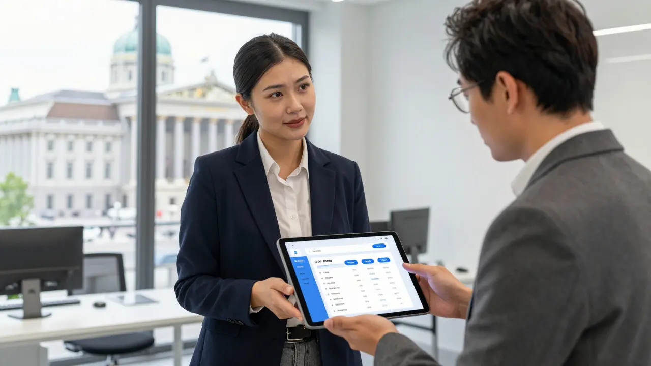 Immobilienmakler nutzen Tablet mit Chatbot-CRM-Integration