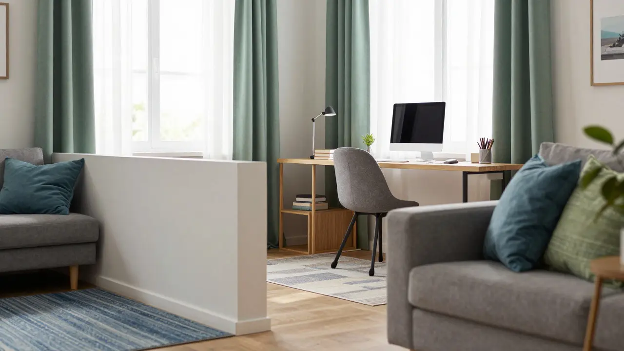 Integriertes Home-Office mit visueller Trennung durch Teppich und Farbe