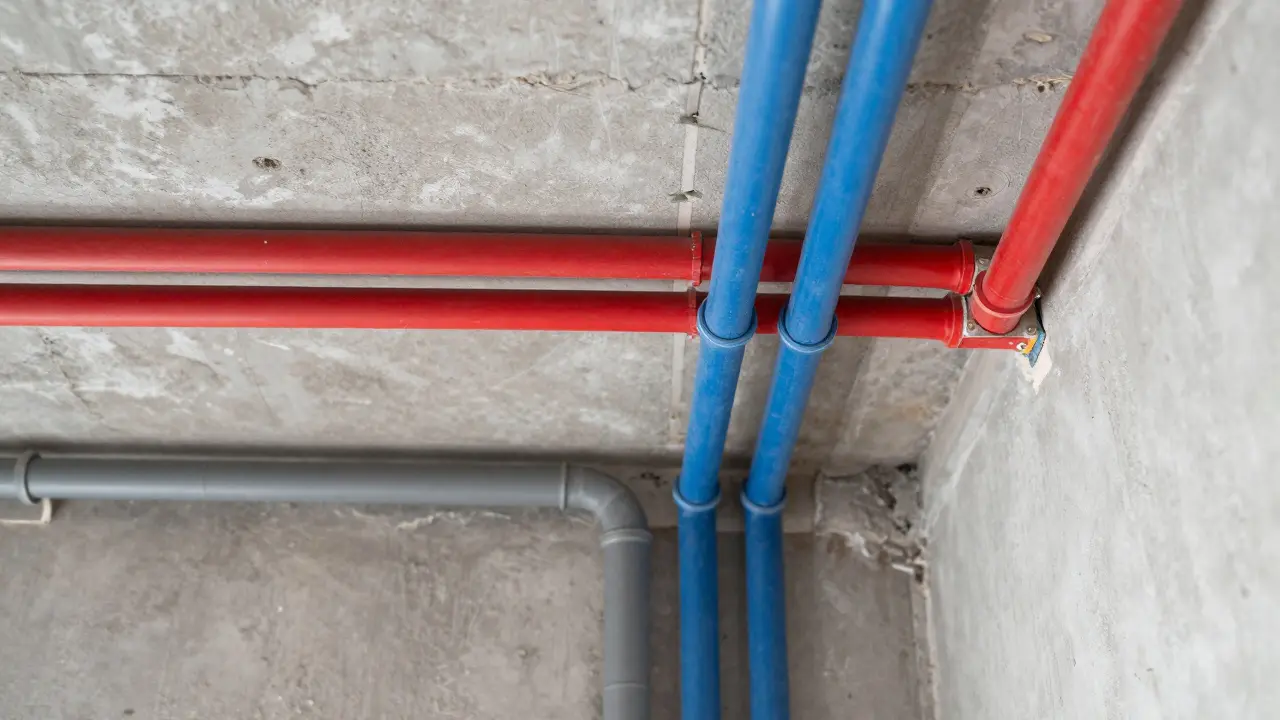 Isolierte Warm- und Kaltwasserrohre mit Sicherheitsabstand in der Wand