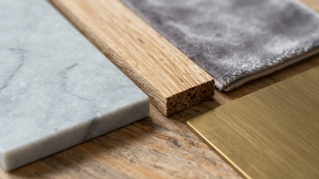 Makroaufnahme von Holz, Marmor, Samt und Metall zur Texturvergleich