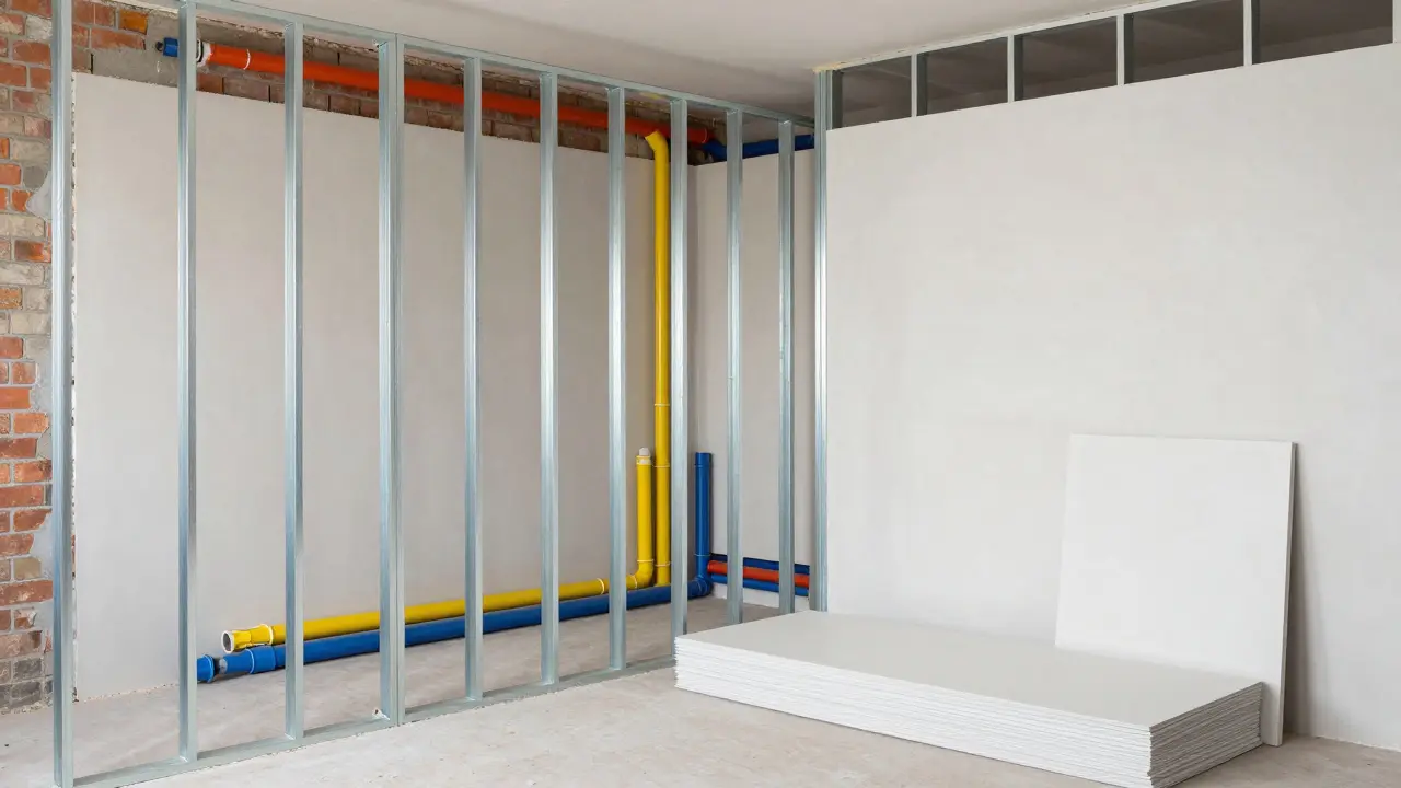 Metallständerwerk mit sichtbaren Rohren für Vorwandinstallation