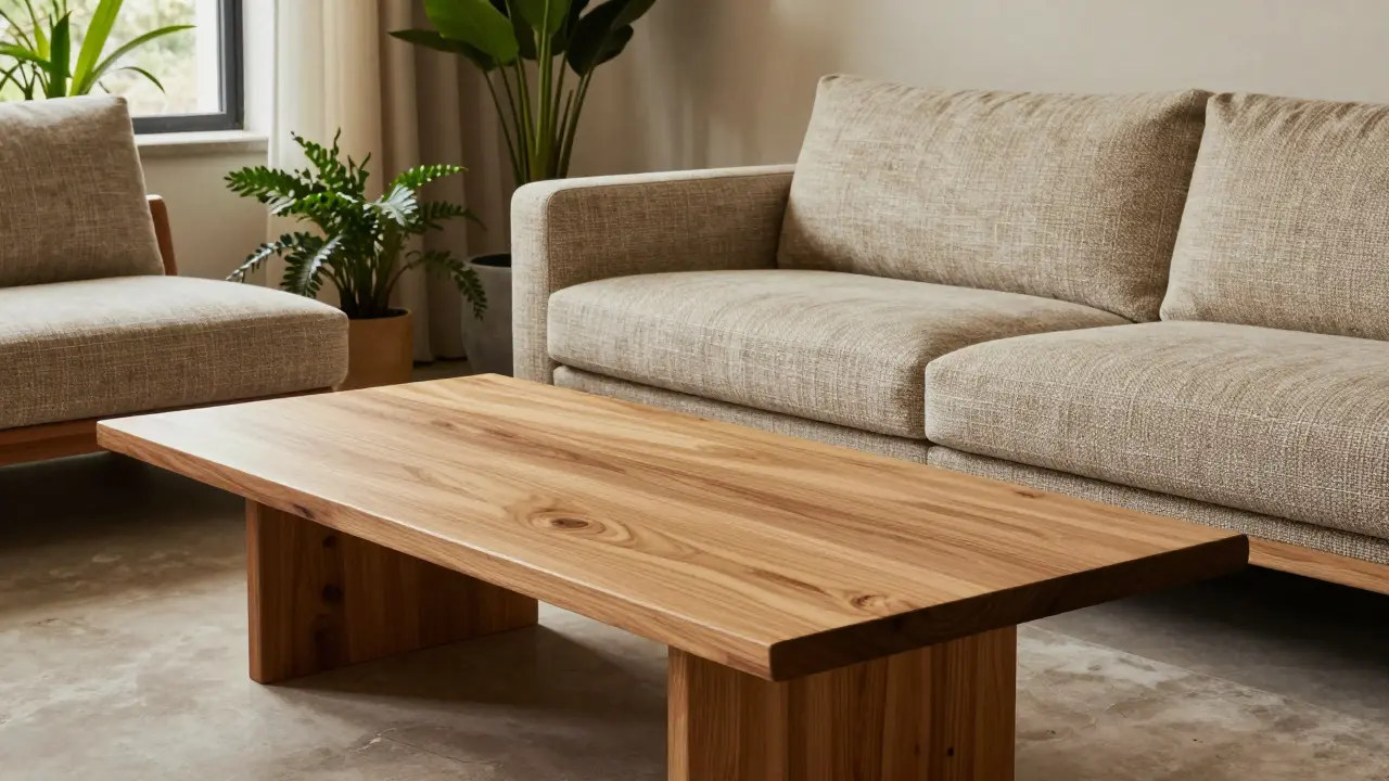 Nachhaltiges Wohnzimmer mit Eichenholz und recycelten Stoffen