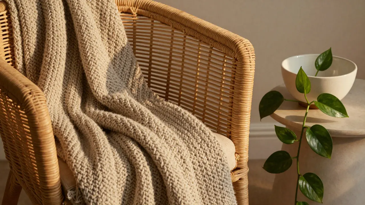 Nahaufnahme von Rattan-Sessel, Strickdecke und Keramikkugel im Boho-Stil