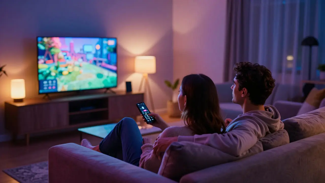 Paar genießt Filmabend im smarten Heimkino-Umfeld