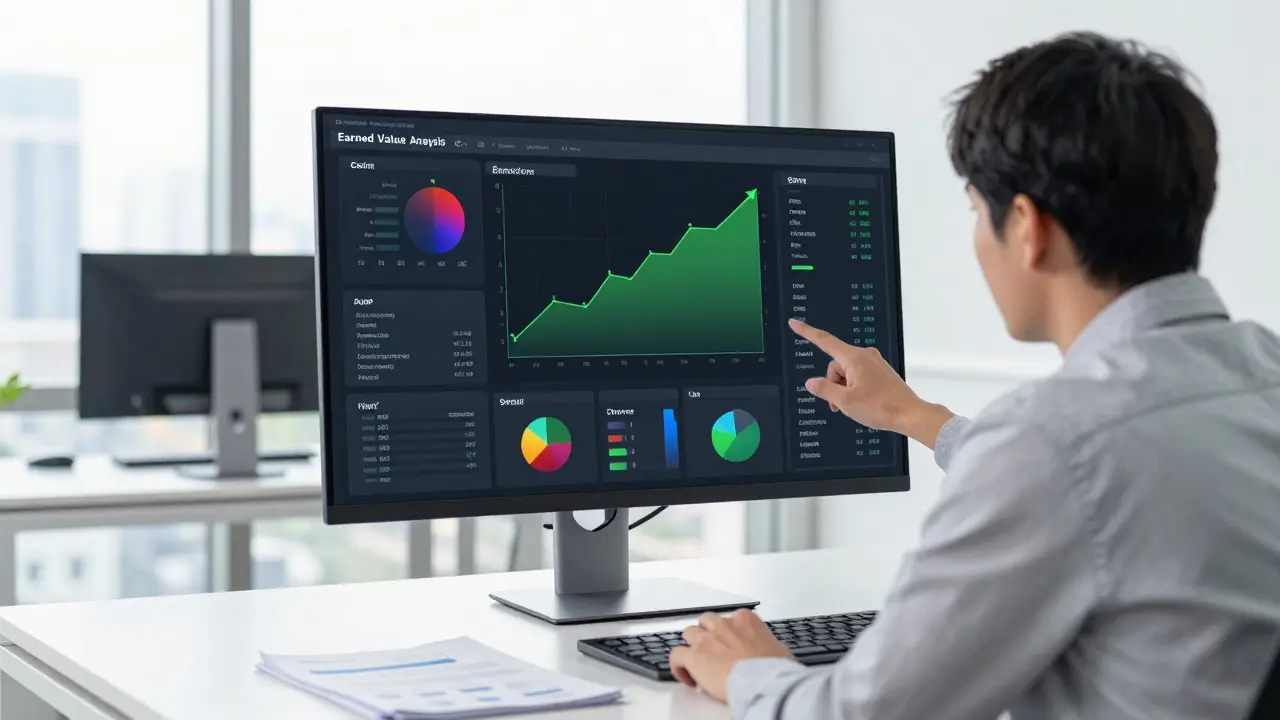 Projektmanager analysiert digitale Budget-Daten auf einem Monitor