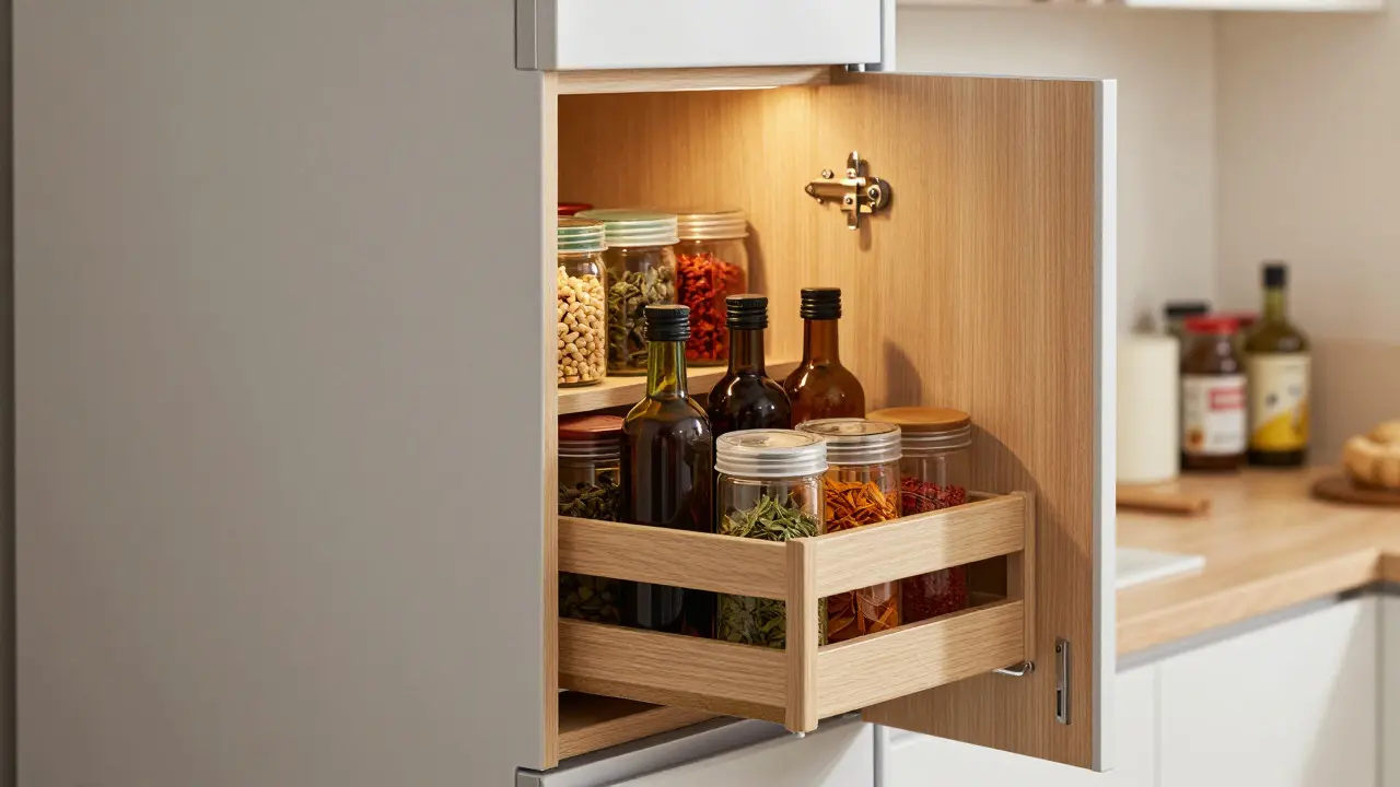 Schmaler Apothekerschrank mit Gewürzregalen in einer Nische
