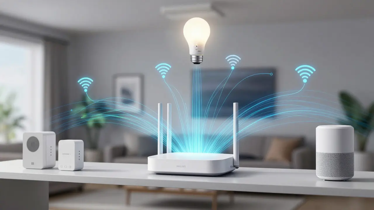 Smart-Home-Hardware mit visualisierten Netzwerkverbindungen