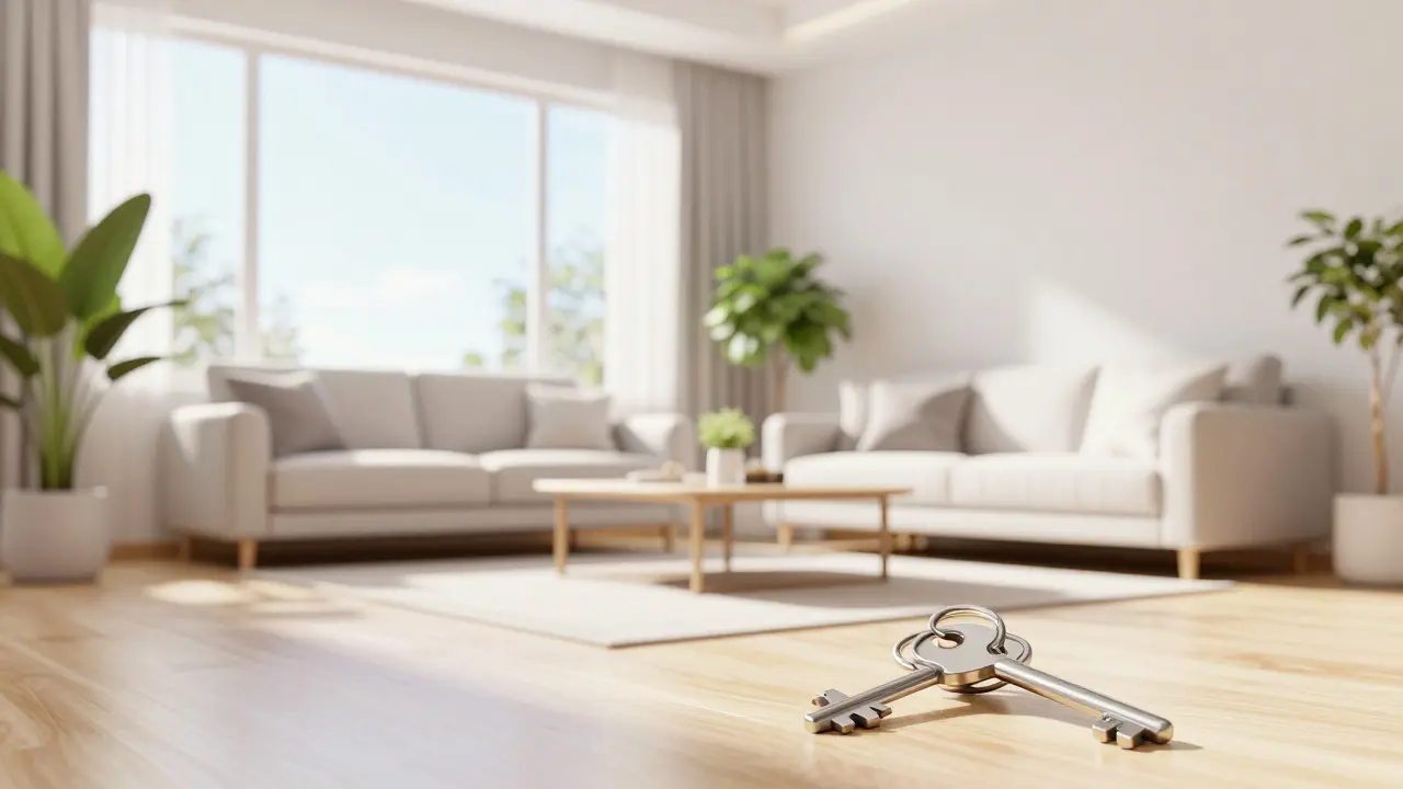 Sonnenlicht im neuen Zuhause mit Schlüssel auf dem Tisch