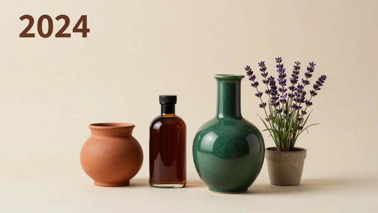 Stillleben mit Jade-Grün, Braun und Lavendel auf neutralem Grund