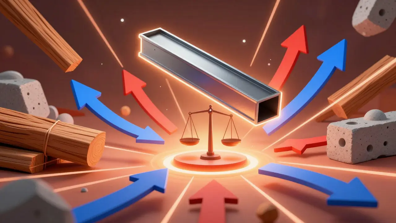 Abstract illustration of fluctuating material prices balanced by a scale