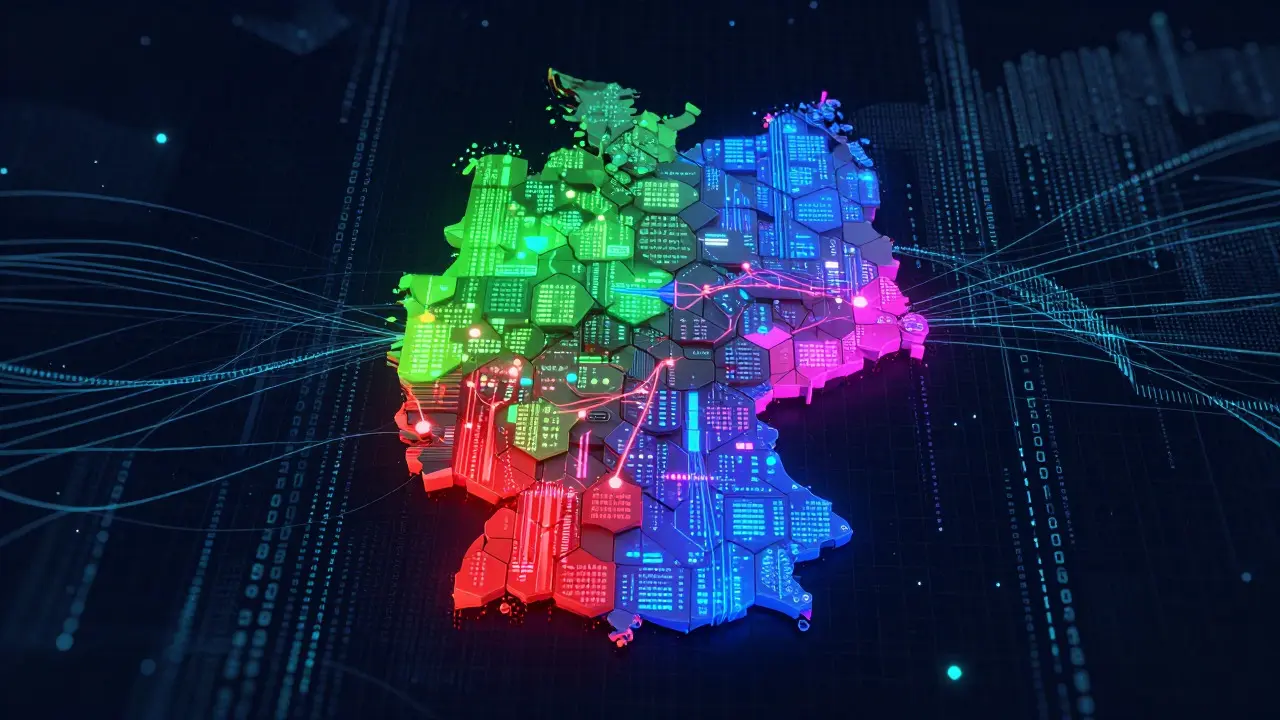 Abstrakte Karte aus leuchtenden Datenkacheln und Algorithmen