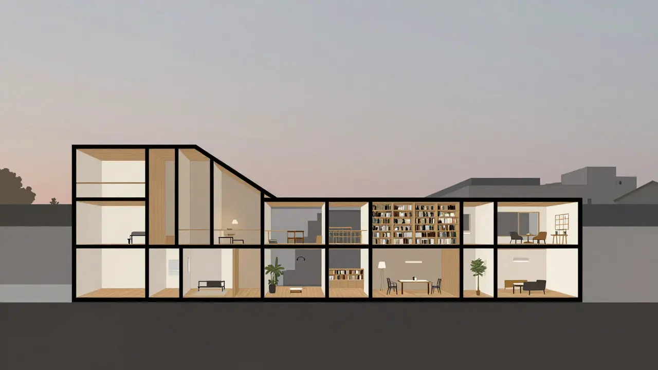 Architectural illustration comparing efficient and inefficient housing layouts
