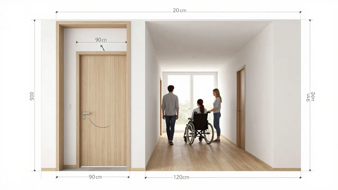 Barrierefreier Flur im Mehrfamilienhaus mit breiten Türen und genug Platz für Rollstuhl und Begleitung.