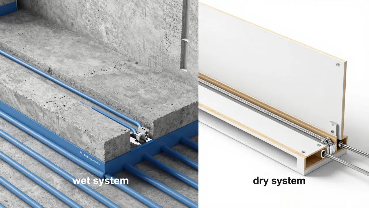 Cross-section comparison of heavy wet and lightweight dry underfloor heating systems