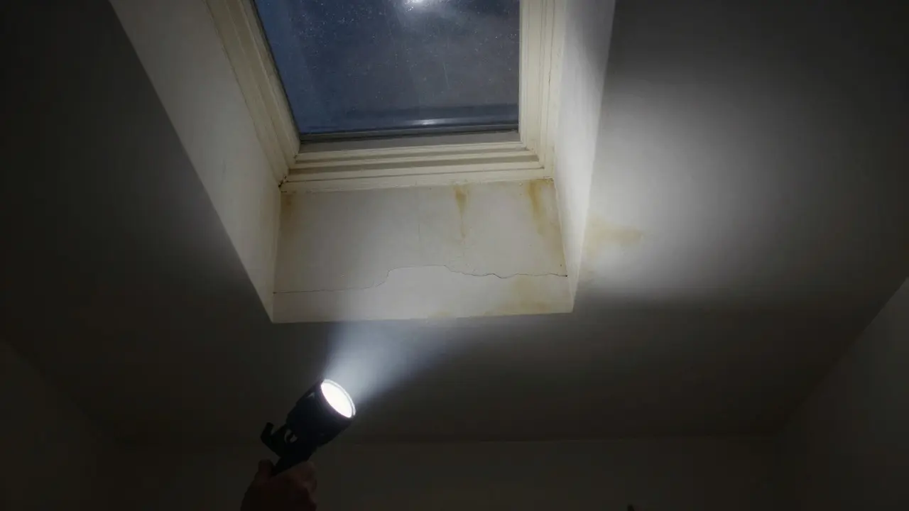 Flashlight revealing water stains on a ceiling under a dormer