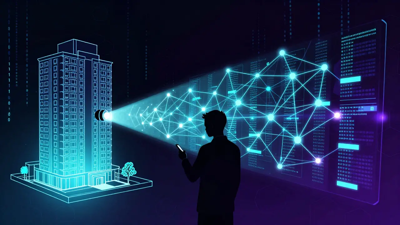 Futuristic illustration of a building blueprint transforming into a blockchain network