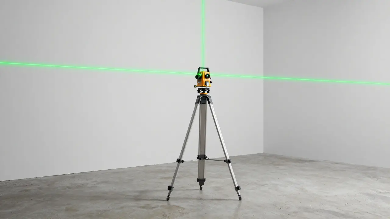 Grüner Laserstrahl einer Wasserwaage an einer Wand im Innenraum