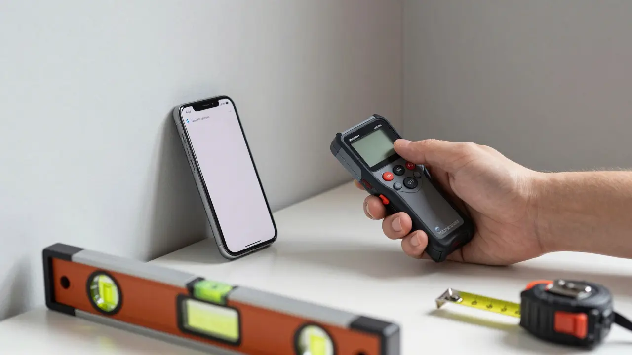 Hand hält digitalen Entfernungsmesser neben Smartphone und Werkzeugen