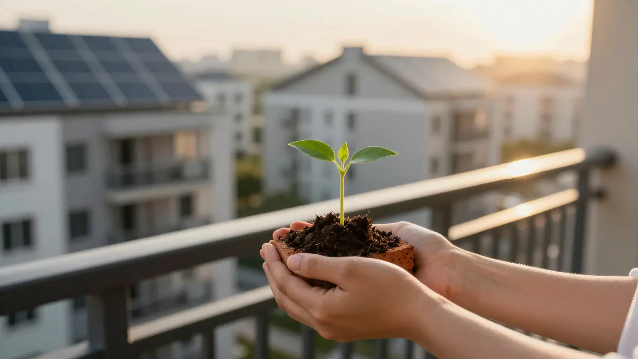 Hands holding a seedling against a backdrop of a sustainable apartment balcony
