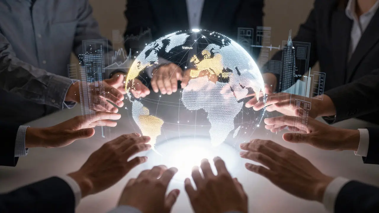 Hands reaching toward a holographic globe showing global real estate investment connections
