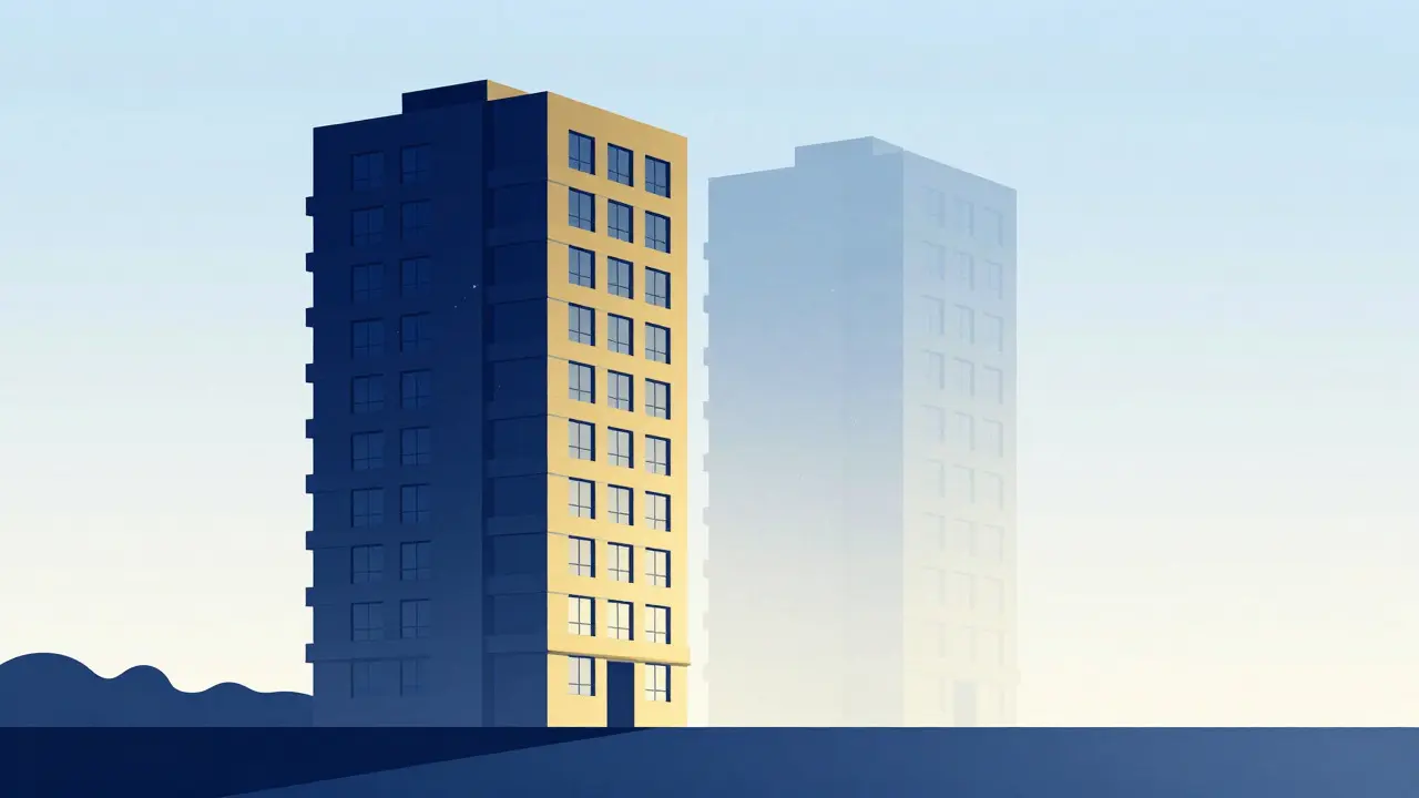 Illustration of a solid building versus a fading ghost, representing loan vs market value