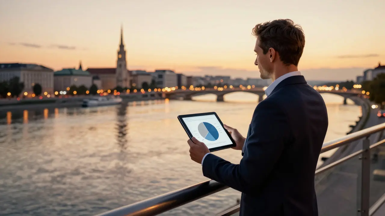 Investor mit Tablet auf Balkon mit Blick auf Wien und Donau bei Sonnenuntergang