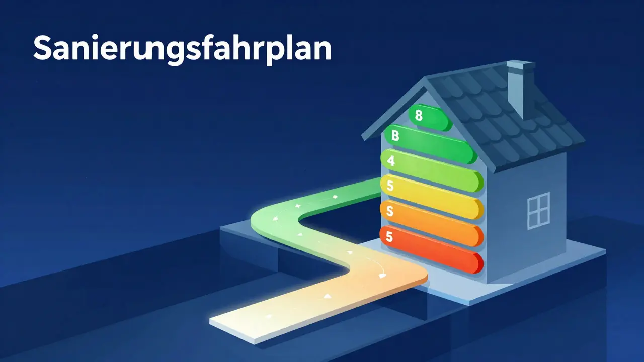 Konzeptionelle Illustration eines Sanierungsfahrplans als leuchtender Pfad durch den Querschnitt eines Hauses
