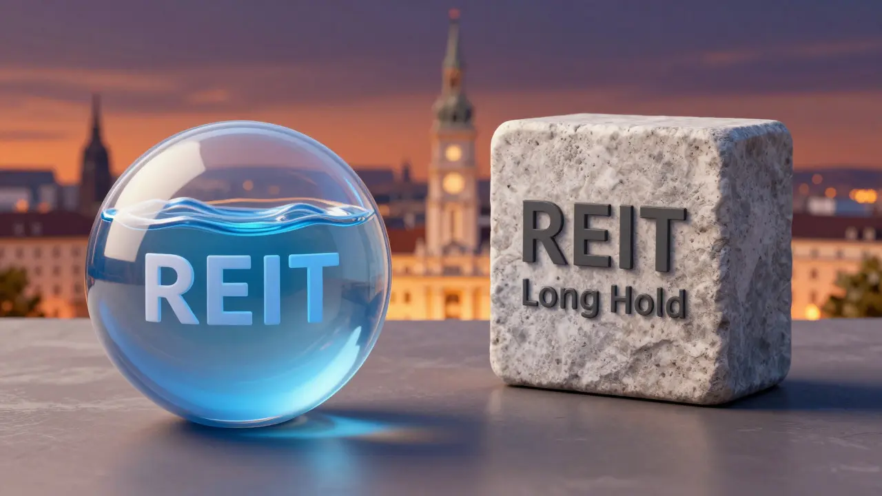 Konzeptkunst: Glaskugel für REITs-Liquidität neben Steinblock für Fonds-Haltefrist