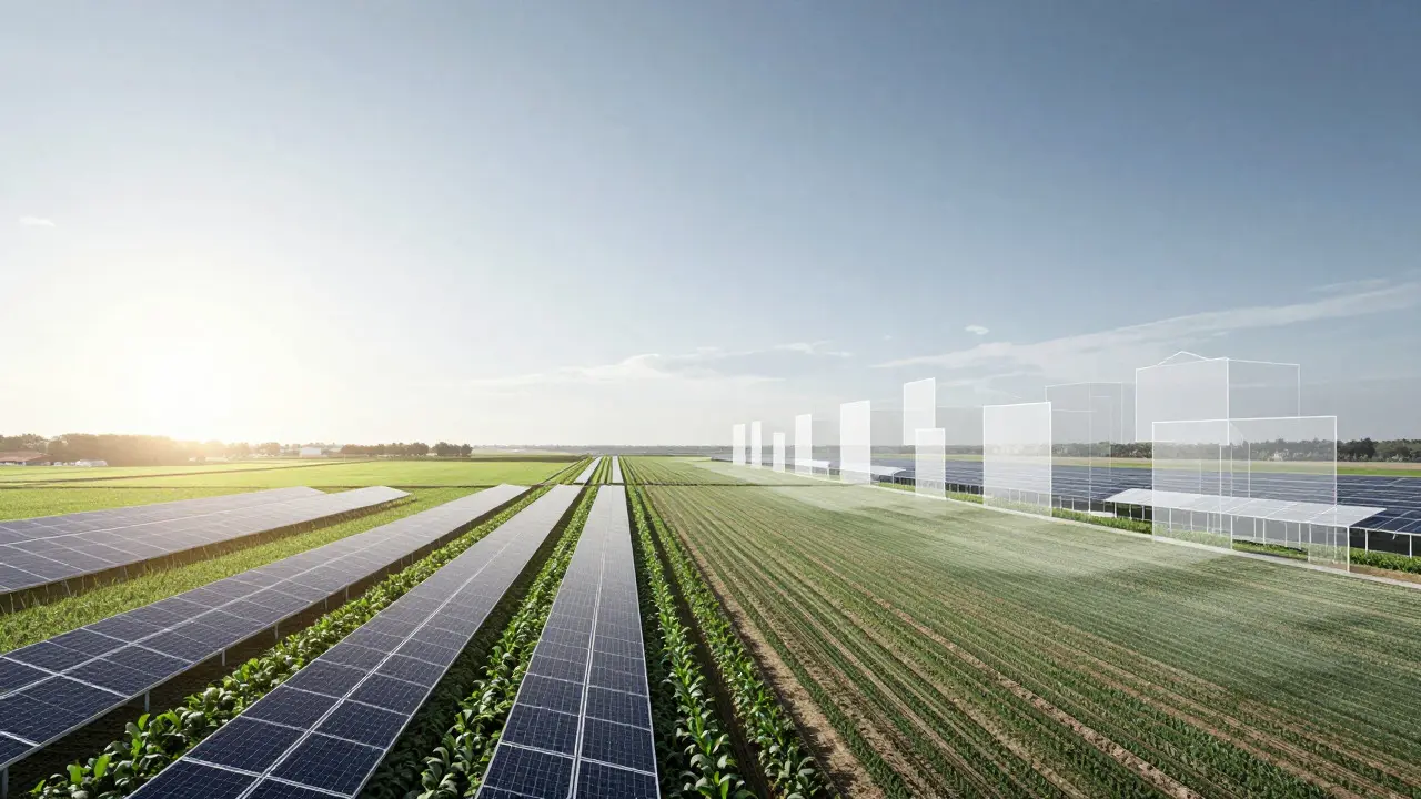 Landwirtschaftsfläche mit Solarpanelen und Bauentwicklung