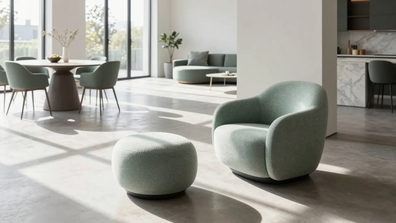 Modern armchair and acoustic ottoman dividing an open-plan living space