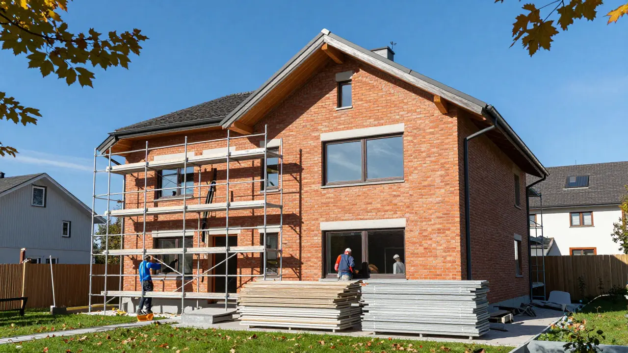Moderne Fassade mit Gerüst während der Installation neuer Fenster im Herbst