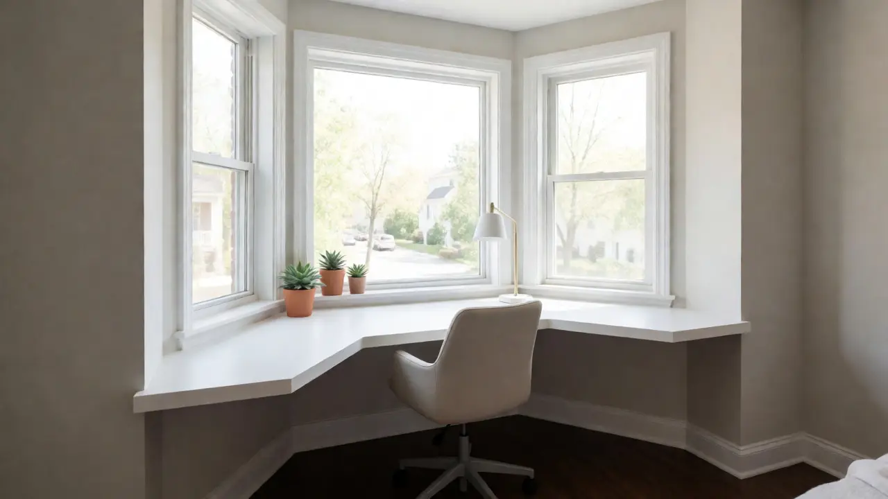 Moderner Schreibtisch im Erker mit Blick nach draußen